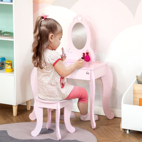 Kids Vanity Set With Mirror And Stool, Wooden Girls Makeup Playset,  Princess Vanity Table For Kids, Toddlers, White : Target